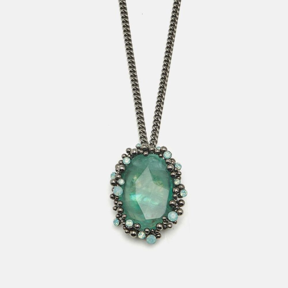 Roberto Cavalli Green Crystal Gunmetal Tone Pendant Necklace